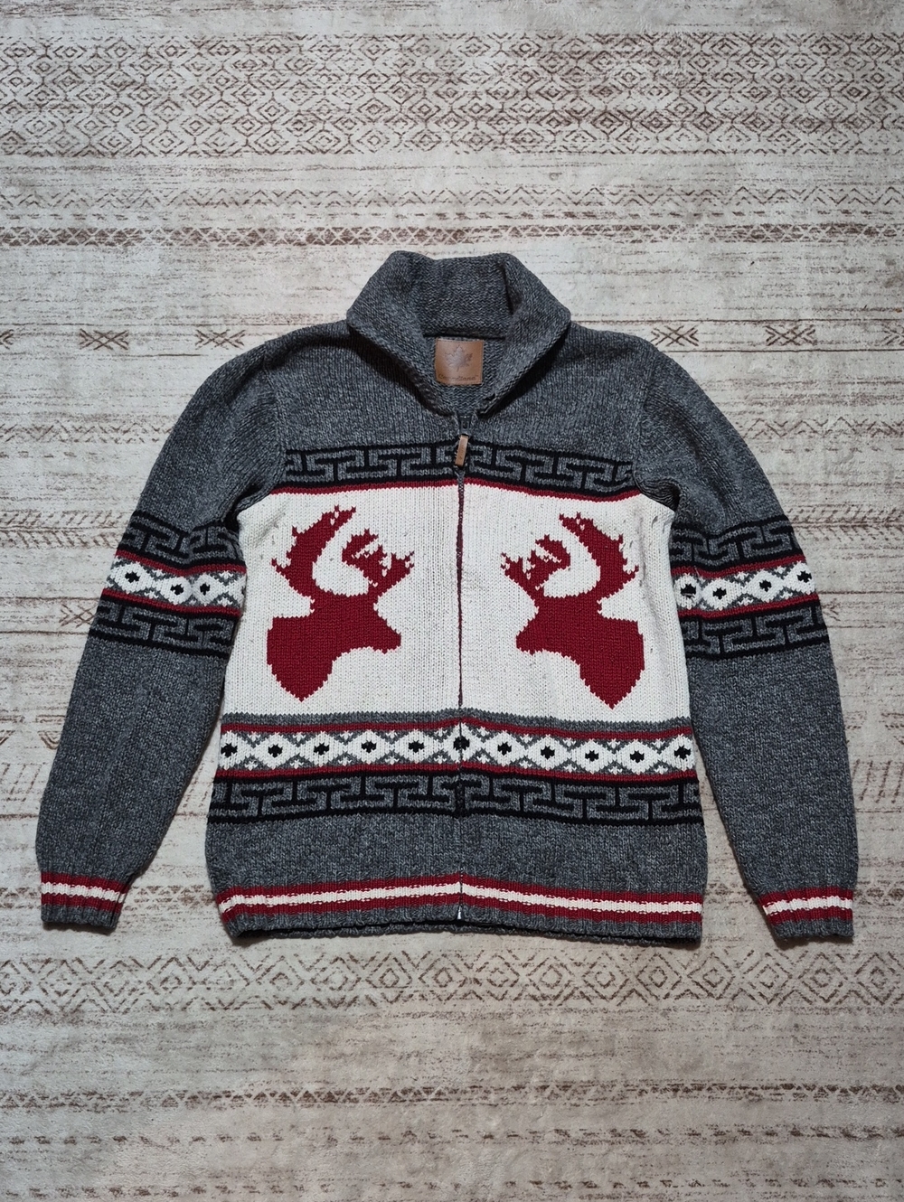 Women’s Gray Zip-Front Turtleneck Sweater with Red Deer Motif